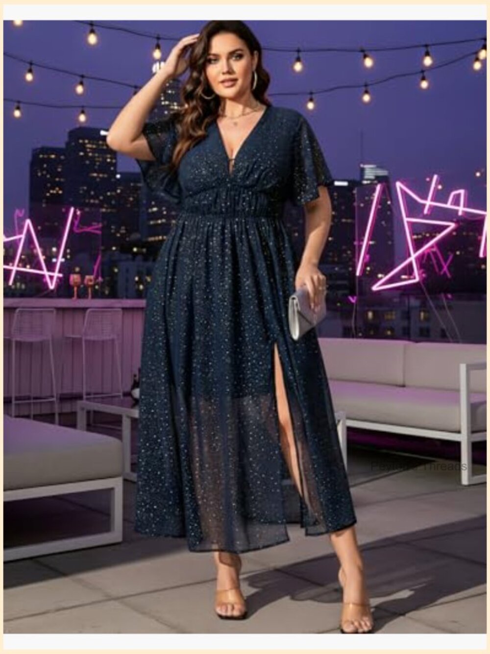 Deep V-Neck A-Line Maxi Dress with Pockets Flutter Sleeve - Picture 6 of 7